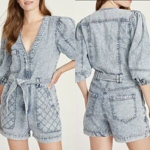 Driftwood Sz M Denim Romper Stone Wash Belted Jumpsuit One Piece Quilted Pockets